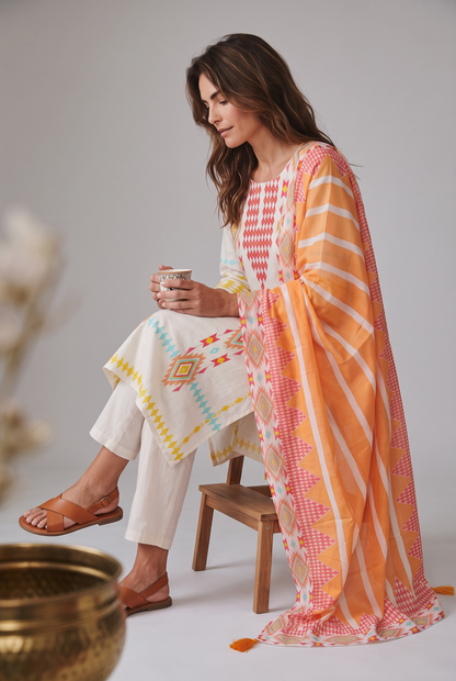 Off-White & Yellow Geometric Print Cotton Kurta Pant Set with Dupatta