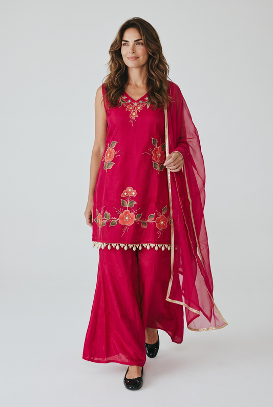 Magenta Pink Embroidered Chanderi Silk Kurta Plazzo Set with Dupatta