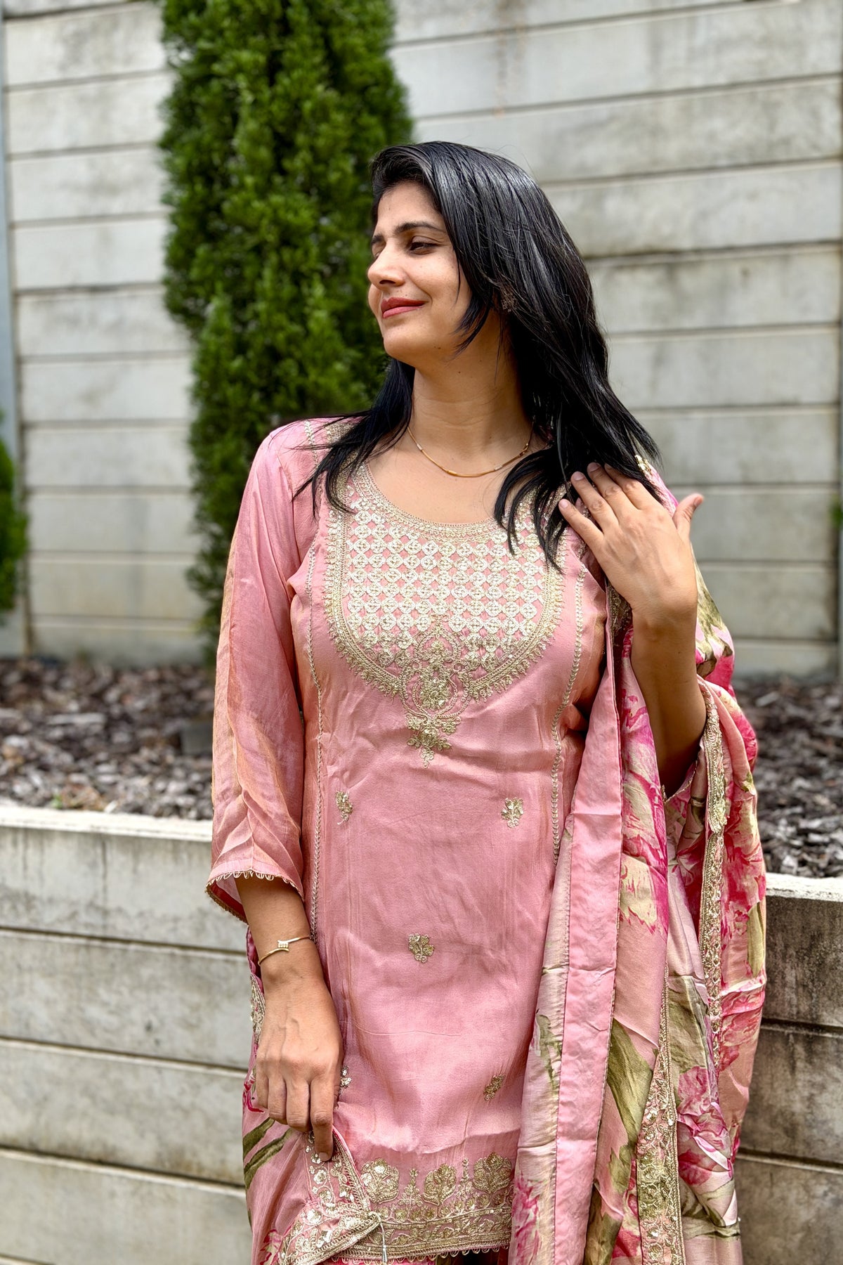 Blush Pink Floral Printed Silk Kurta Sharara Set with Dupatta
