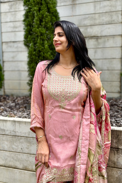 Blush Pink Floral Printed Silk Kurta Sharara Set with Dupatta