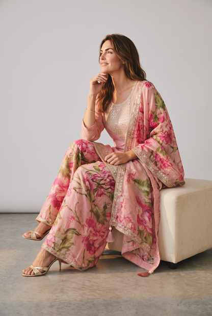 Blush Pink Floral Printed Silk Kurta Sharara Set with Dupatta