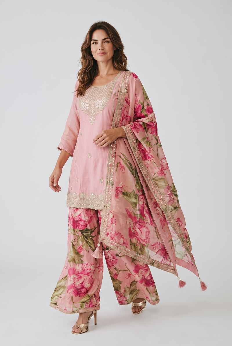 Blush Pink Floral Printed Silk Kurta Sharara Set with Dupatta