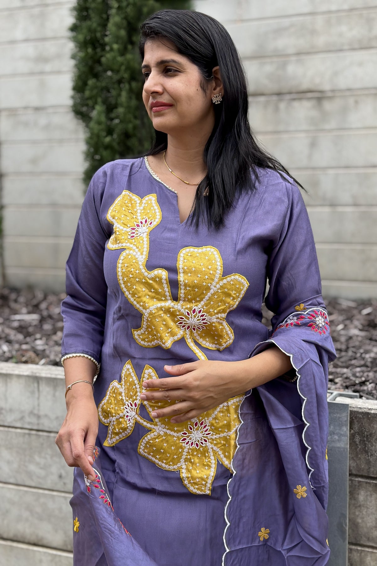 Lavender & Yellow Floral Applique Cotton Kurta Pant Set with Scalloped Dupatta