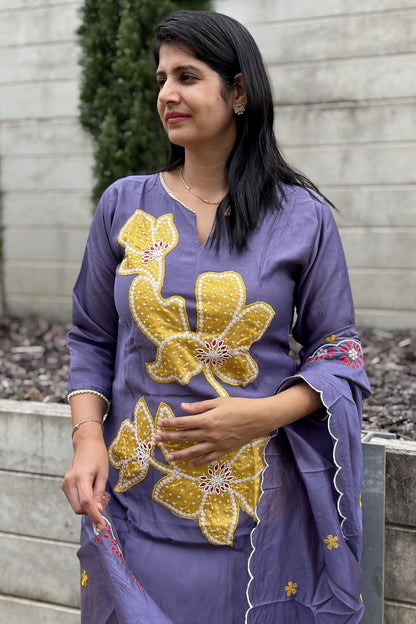 Lavender & Yellow Floral Applique Cotton Kurta Pant Set with Scalloped Dupatta