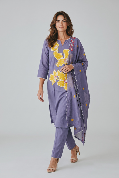 Lavender & Yellow Floral Applique Cotton Kurta Pant Set with Scalloped Dupatta