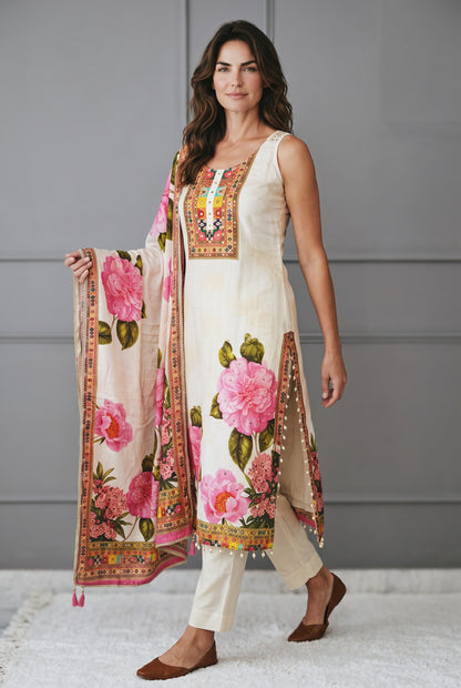 Cream Floral Print Sleeveless Crepe Kurta Set with Dupatta
