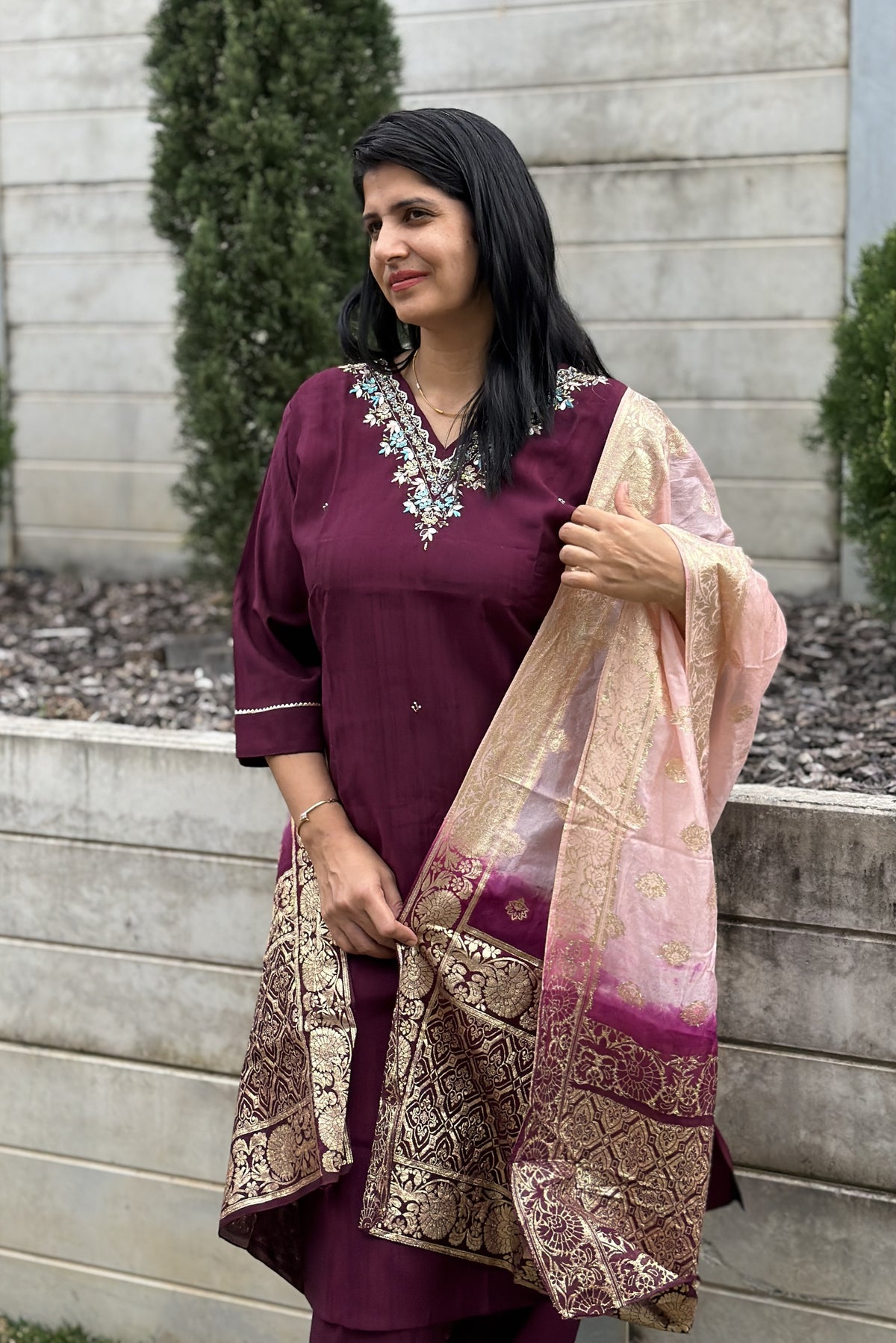 Wine Purple Hand Embroidered Silk Kurta Pant Set with Banarasi Brocade Dupatta