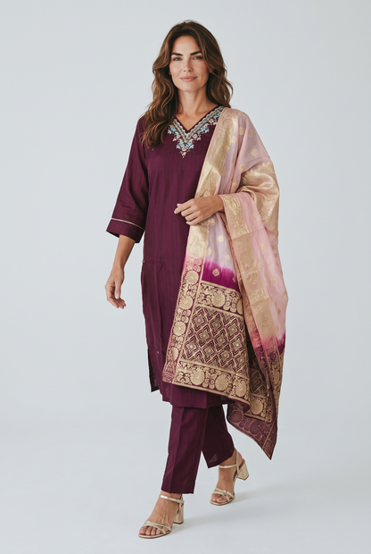 Wine Purple Hand Embroidered Silk Kurta Pant Set with Banarasi Brocade Dupatta