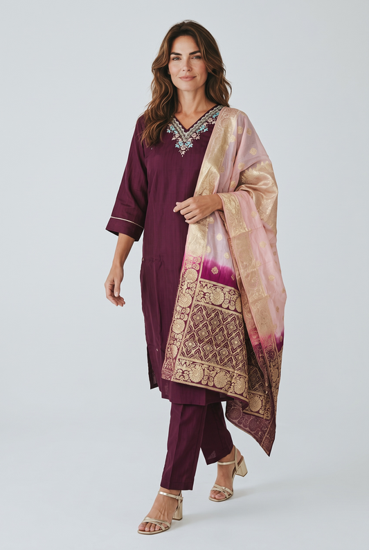 Wine Purple Hand Embroidered Silk Kurta Pant Set with Banarasi Brocade Dupatta