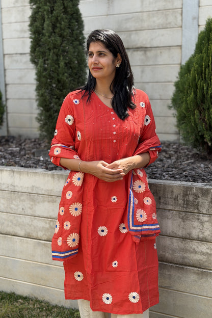 Red Floral Embroidered Cotton Kurta Pant Set with Matching Dupatta