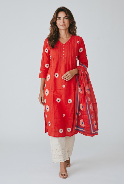 Red Floral Embroidered Cotton Kurta Pant Set with Matching Dupatta