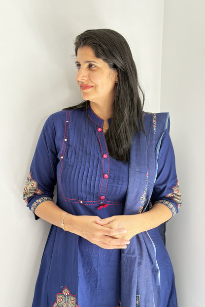 Royal Blue Printed & Embroidered Cotton Anarkali Kurta Pant Set with Dupatta