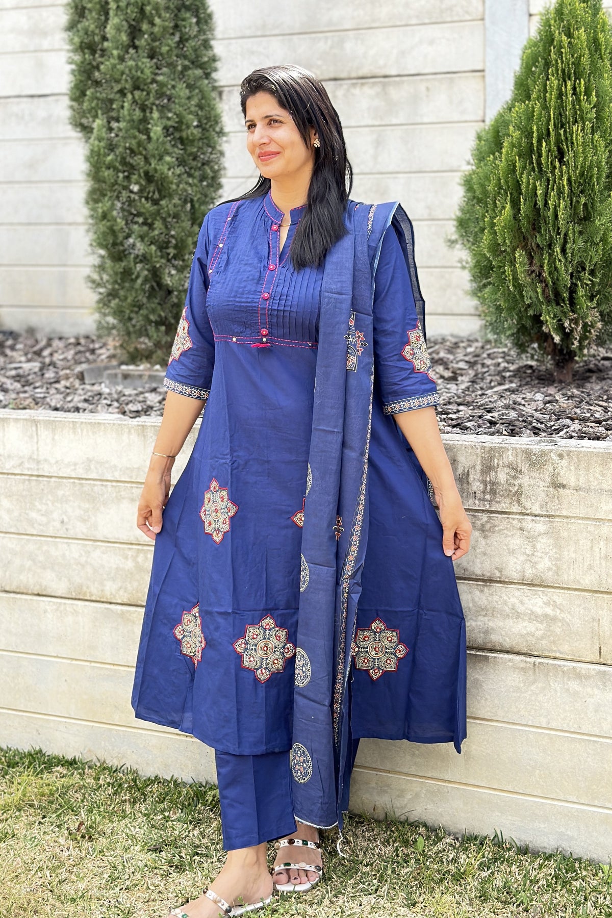 Royal Blue Printed & Embroidered Cotton Anarkali Kurta Pant Set with Dupatta