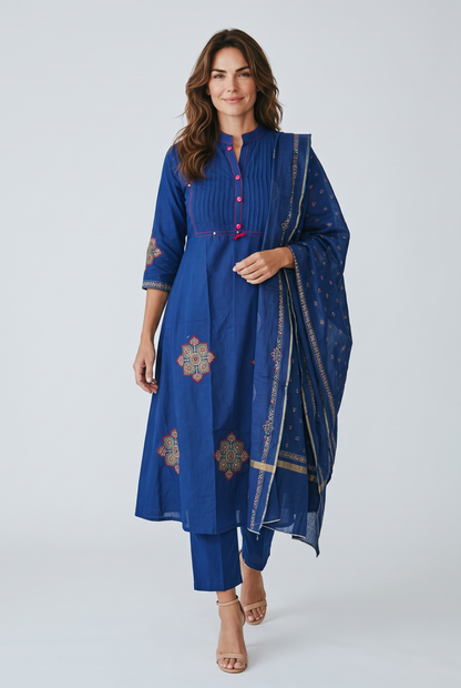 Royal Blue Printed & Embroidered Cotton Anarkali Kurta Pant Set with Dupatta