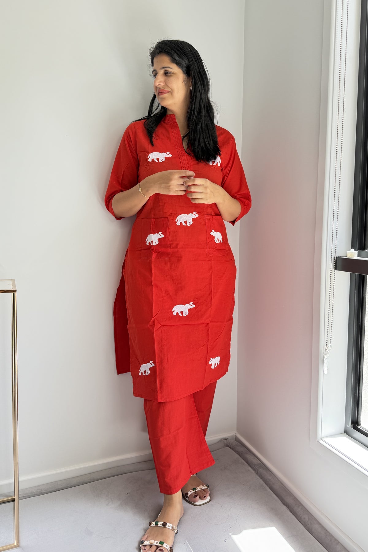 Red Cotton Elephant Embroidered Kurta Pant Set