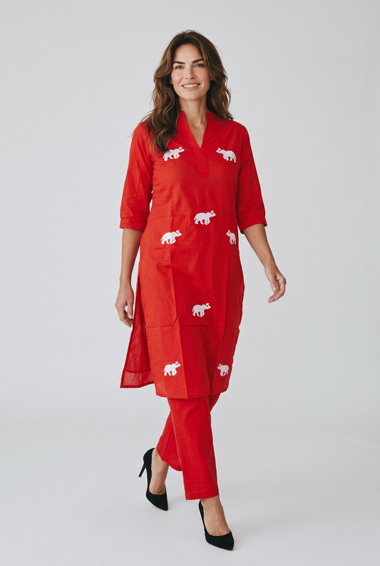 Red Cotton Elephant Embroidered Kurta Pant Set