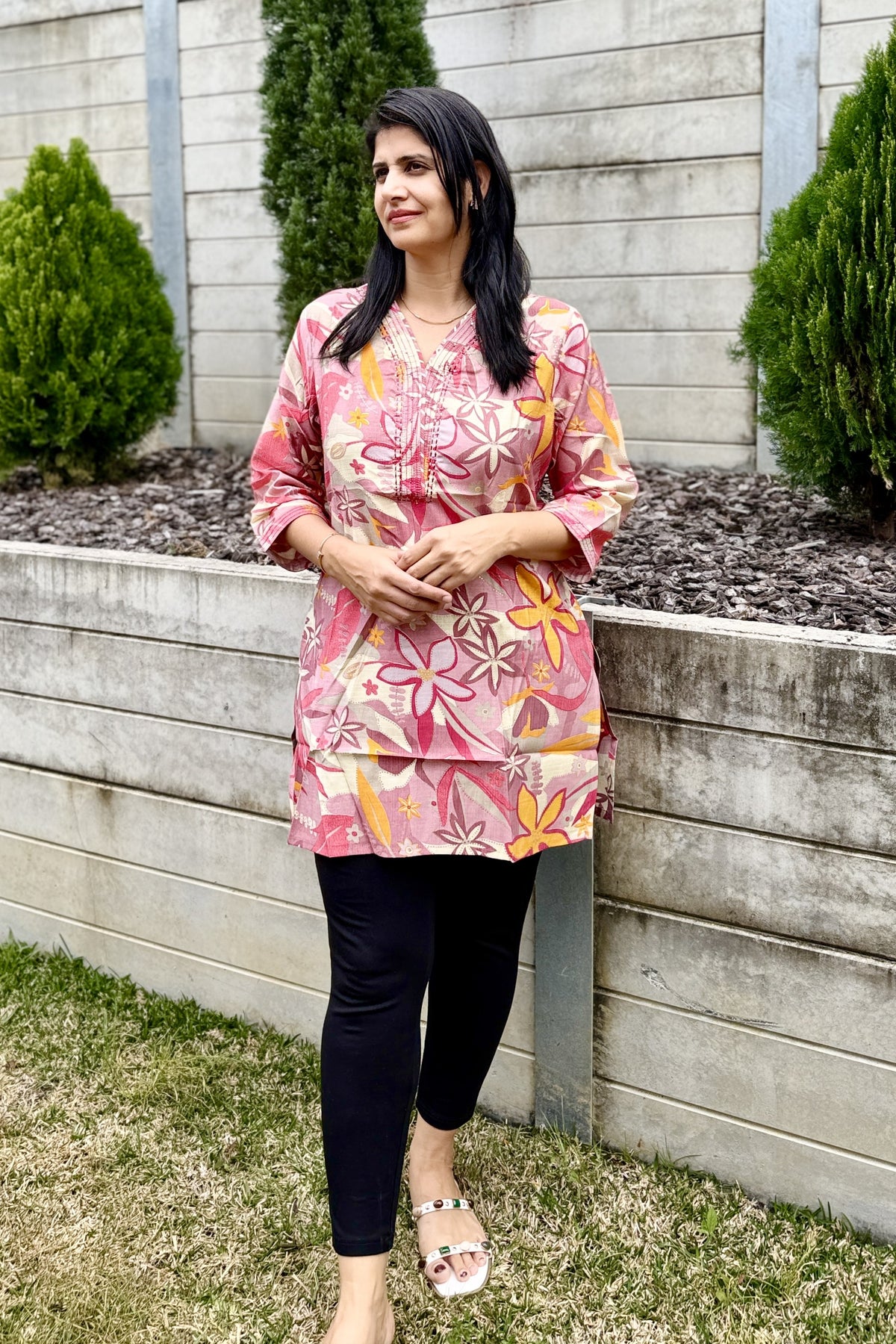 Pink & Yellow Floral Printed Cotton Short Kurti Top