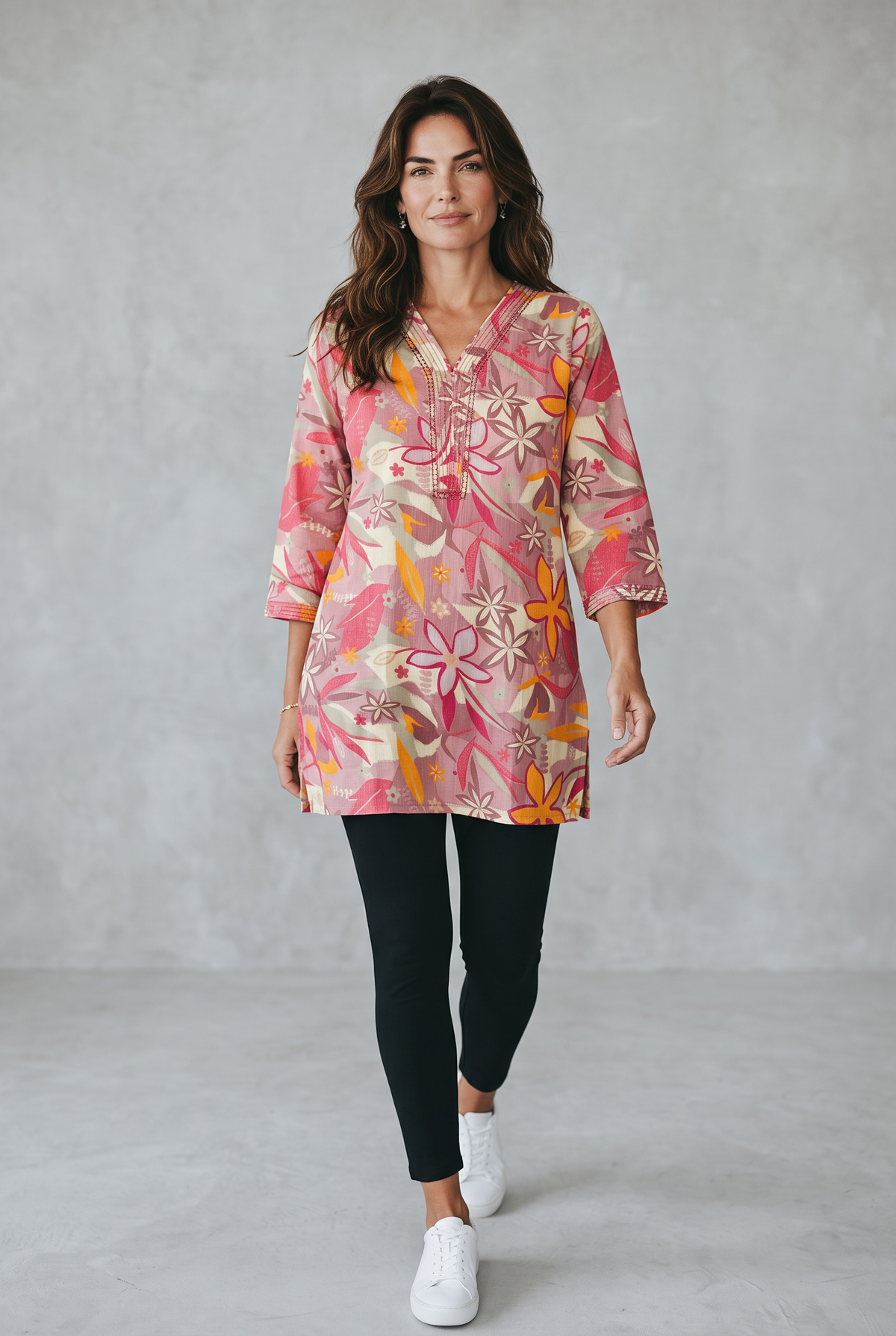 Pink & Yellow Floral Printed Cotton Short Kurti Top