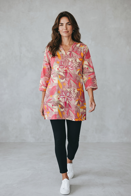 Pink & Yellow Floral Printed Cotton Short Kurti Top