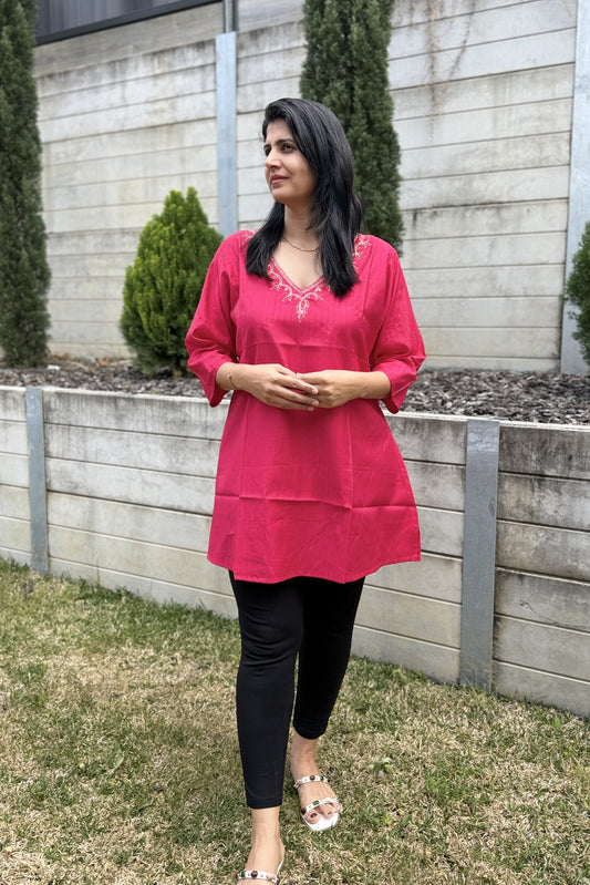 Rani Pink Embroidered V-Neck Cotton Short Kurti Top