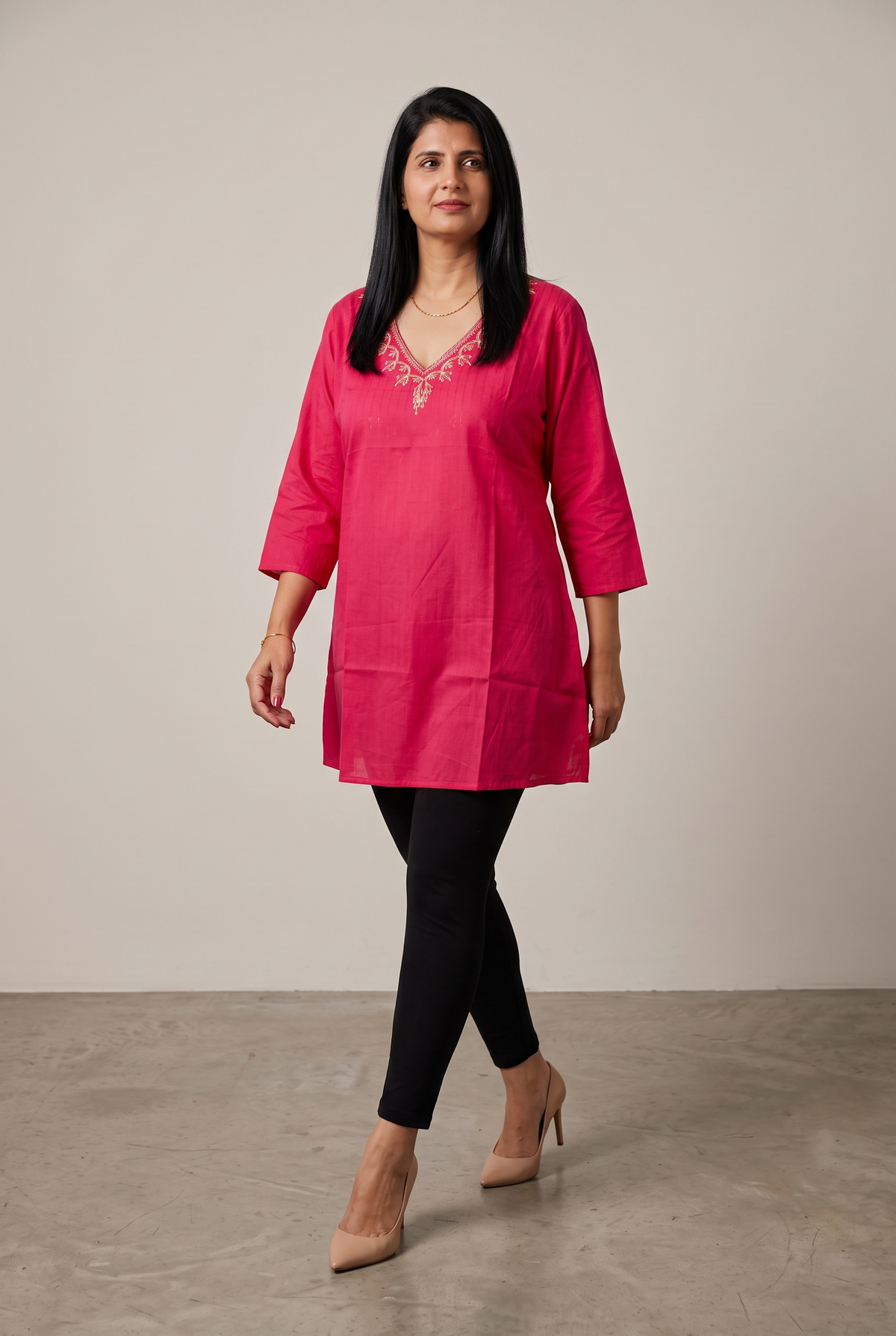 Rani Pink Embroidered V-Neck Cotton Short Kurti Top