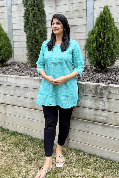 Turquoise Blue Block Printed Cotton Short Kurti Top