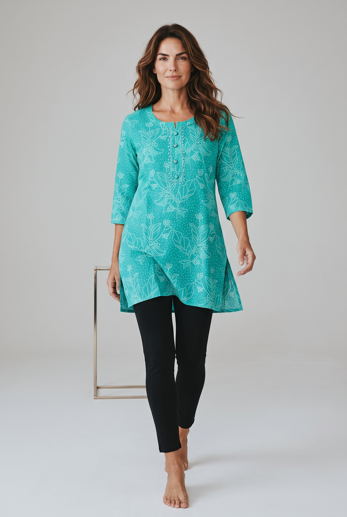 Turquoise Blue Block Printed Cotton Short Kurti Top