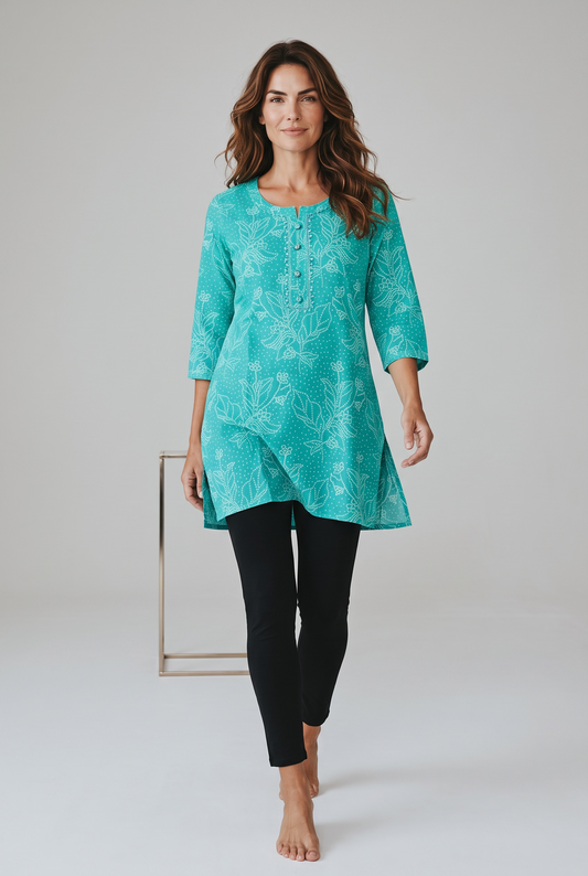 Turquoise Blue Block Printed Cotton Short Kurti Top