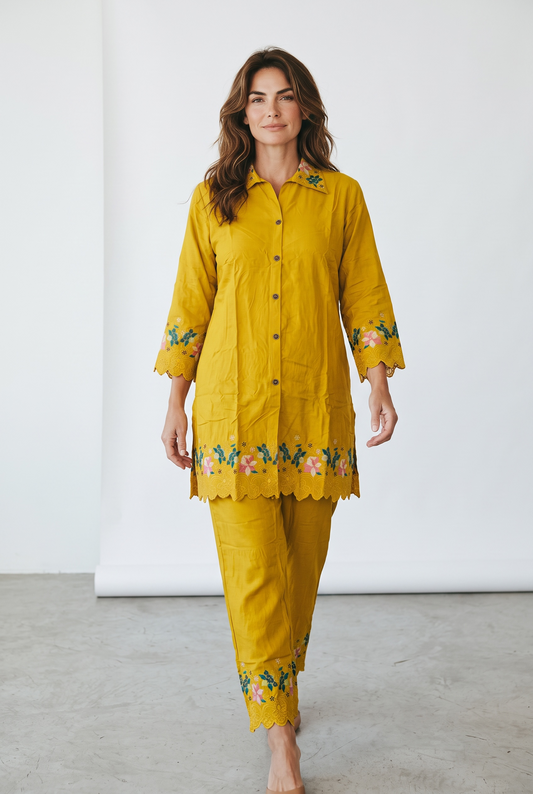 Mustard Yellow Embroidered Shirt Style Kurti & Pant Co-Ord Set