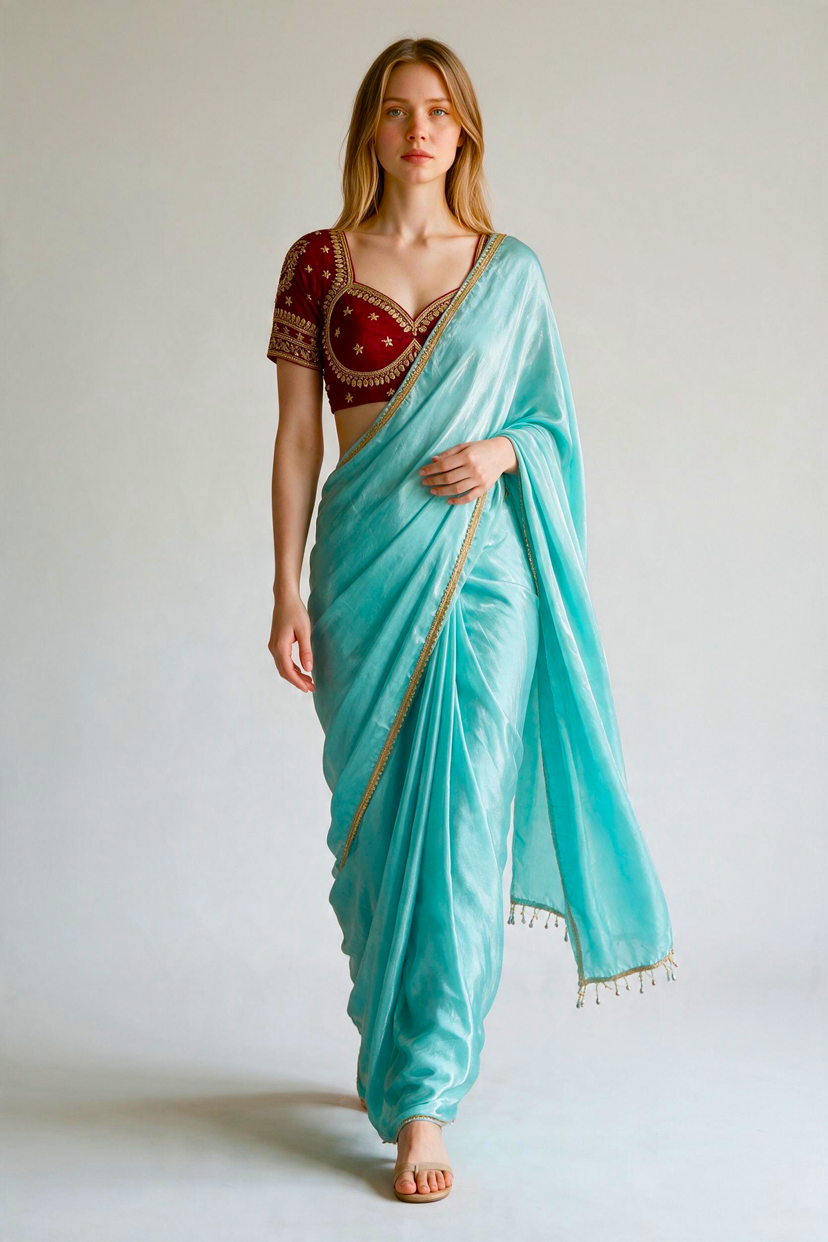 Turquoise Shimmer Tissue Organza Saree with Heavy Embroidered Maroon Blouse Set