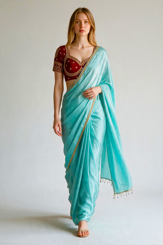 Turquoise Shimmer Tissue Organza Saree with Heavy Embroidered Maroon Blouse Set
