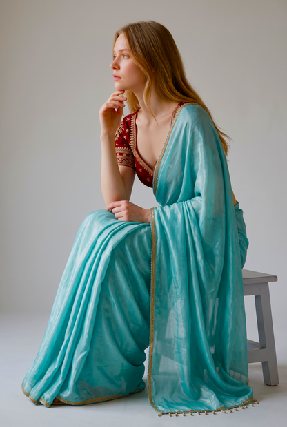 Turquoise Shimmer Tissue Organza Saree with Heavy Embroidered Maroon Blouse Set