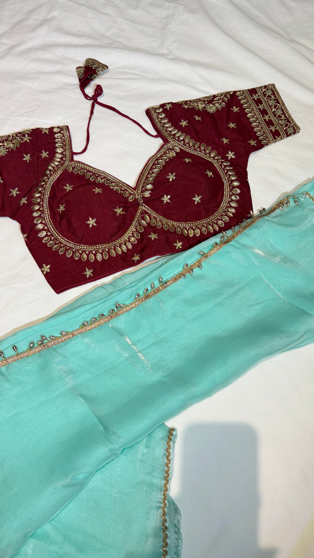 Turquoise Shimmer Tissue Organza Saree with Heavy Embroidered Maroon Blouse Set