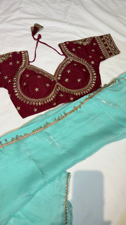 Turquoise Shimmer Tissue Organza Saree with Heavy Embroidered Maroon Blouse Set