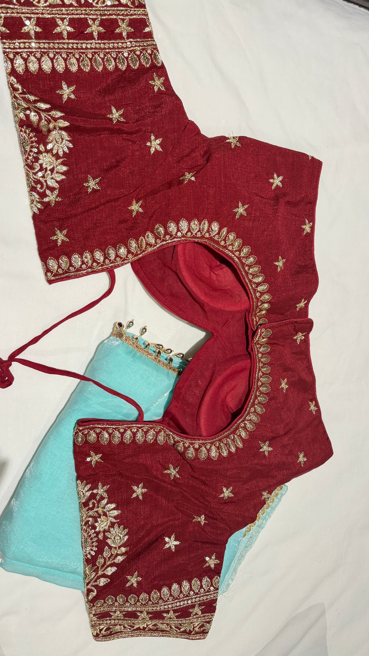 Turquoise Shimmer Tissue Organza Saree with Heavy Embroidered Maroon Blouse Set