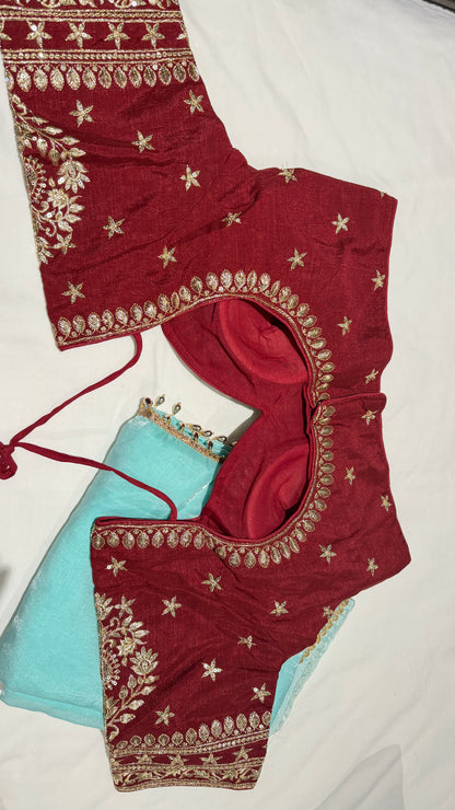Turquoise Shimmer Tissue Organza Saree with Heavy Embroidered Maroon Blouse Set