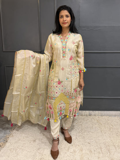 Elegance in Ivory – Embroidered Tissue Silk Blend Kurta Set with Dupatta