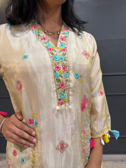 Elegance in Ivory – Embroidered Tissue Silk Blend Kurta Set with Dupatta