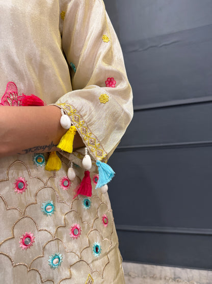 Elegance in Ivory – Embroidered Tissue Silk Blend Kurta Set with Dupatta