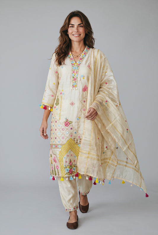 A woman modeling a traditional three-piece salwar kameez suit set in cream, featuring colorful floral embroidery, yellow geometric patterns, and multicolored tassels, paired with a matching sheer dupatta.