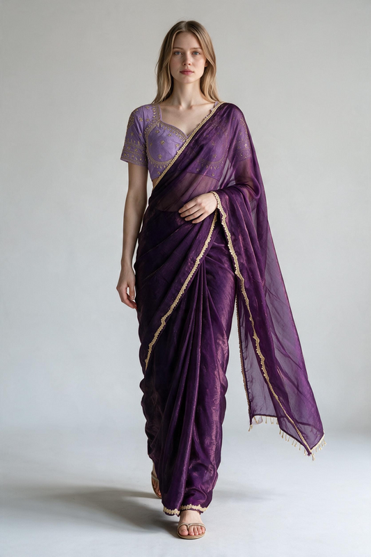 Deep Purple Shimmer Tissue Organza Saree with Heavy Embroidered Lilac Blouse Set