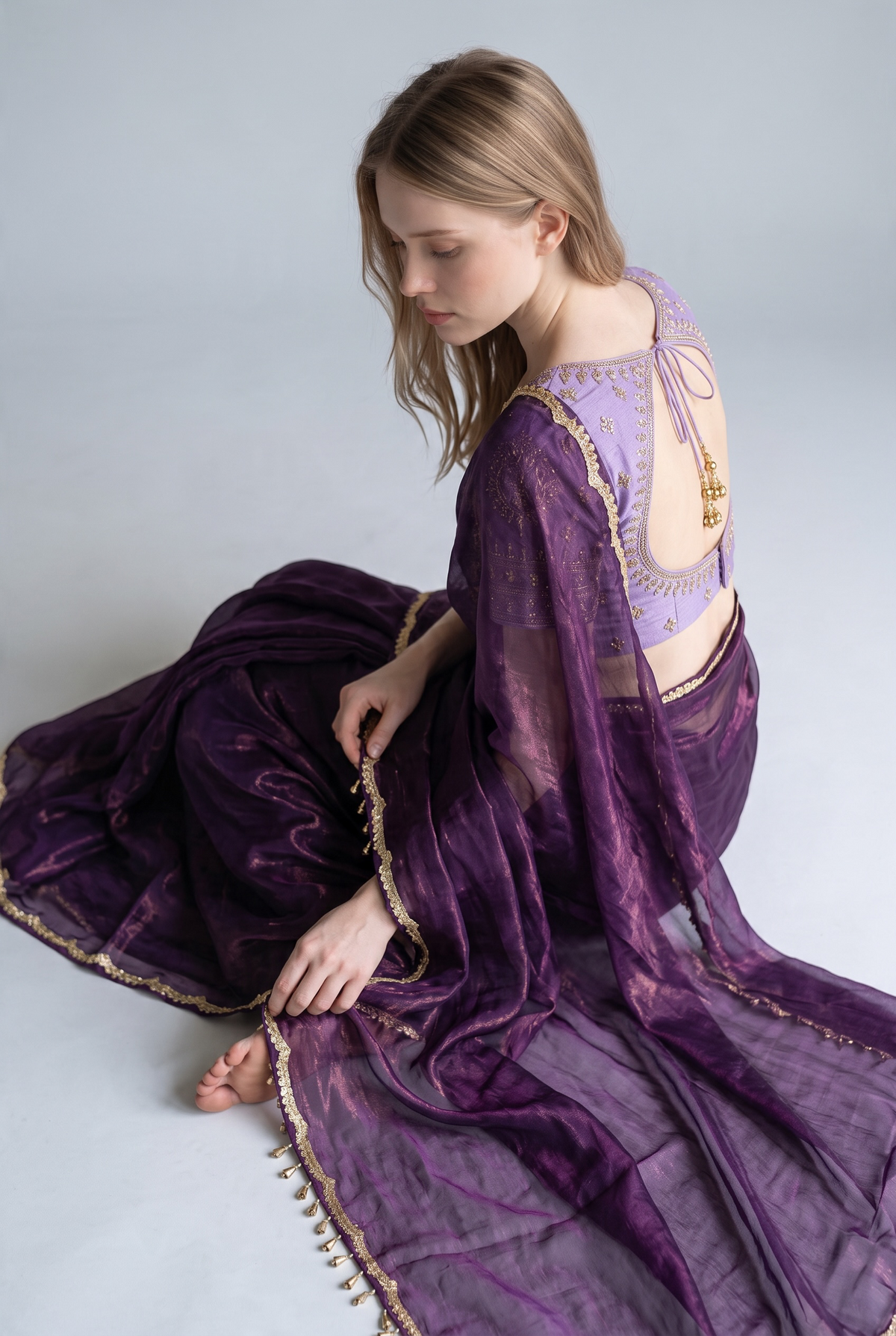 Deep Purple Shimmer Tissue Organza Saree with Heavy Embroidered Lilac Blouse Set