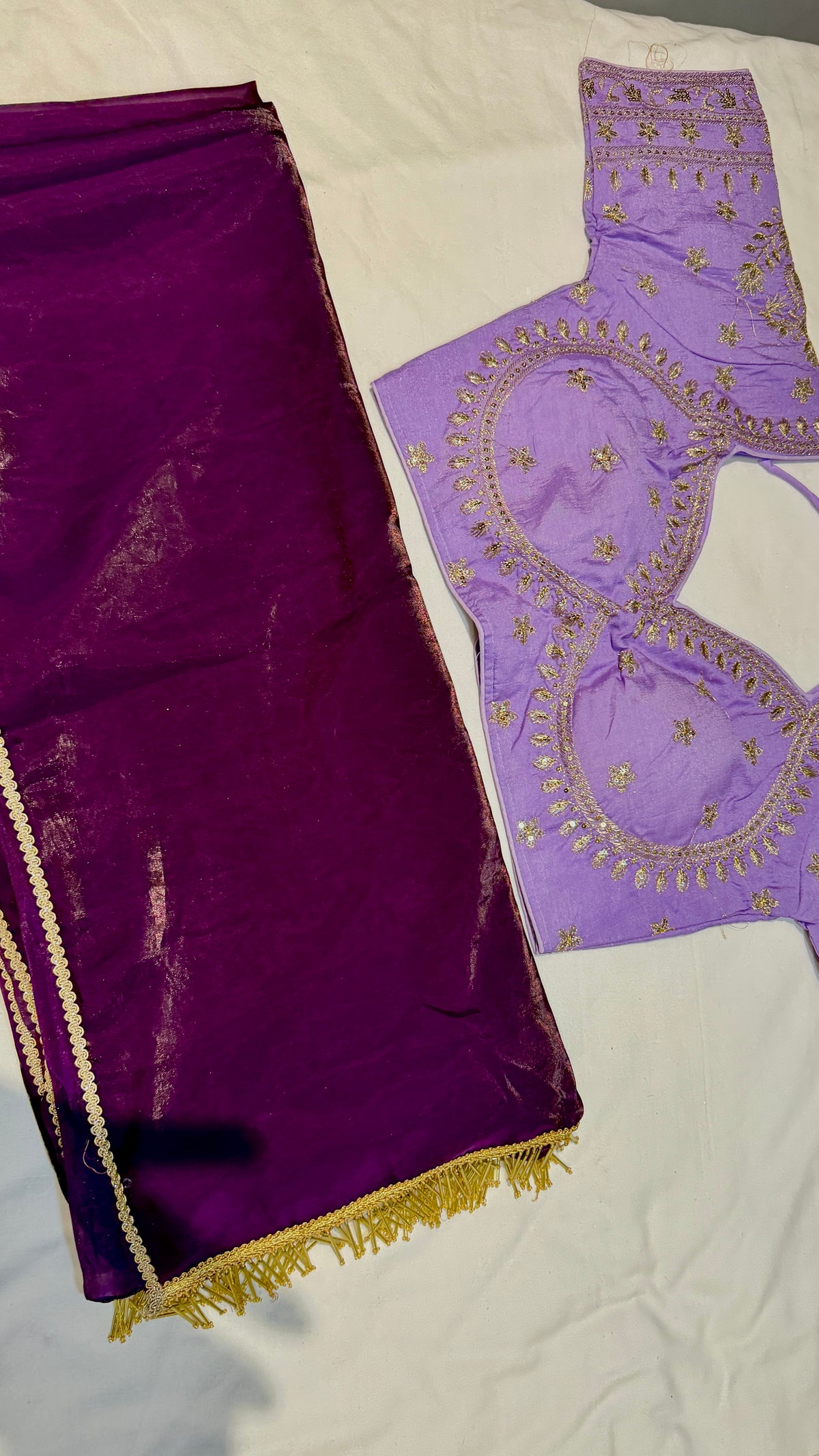 Deep Purple Shimmer Tissue Organza Saree with Heavy Embroidered Lilac Blouse Set