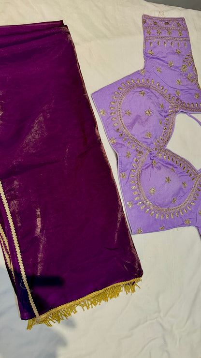 Deep Purple Shimmer Tissue Organza Saree with Heavy Embroidered Lilac Blouse Set