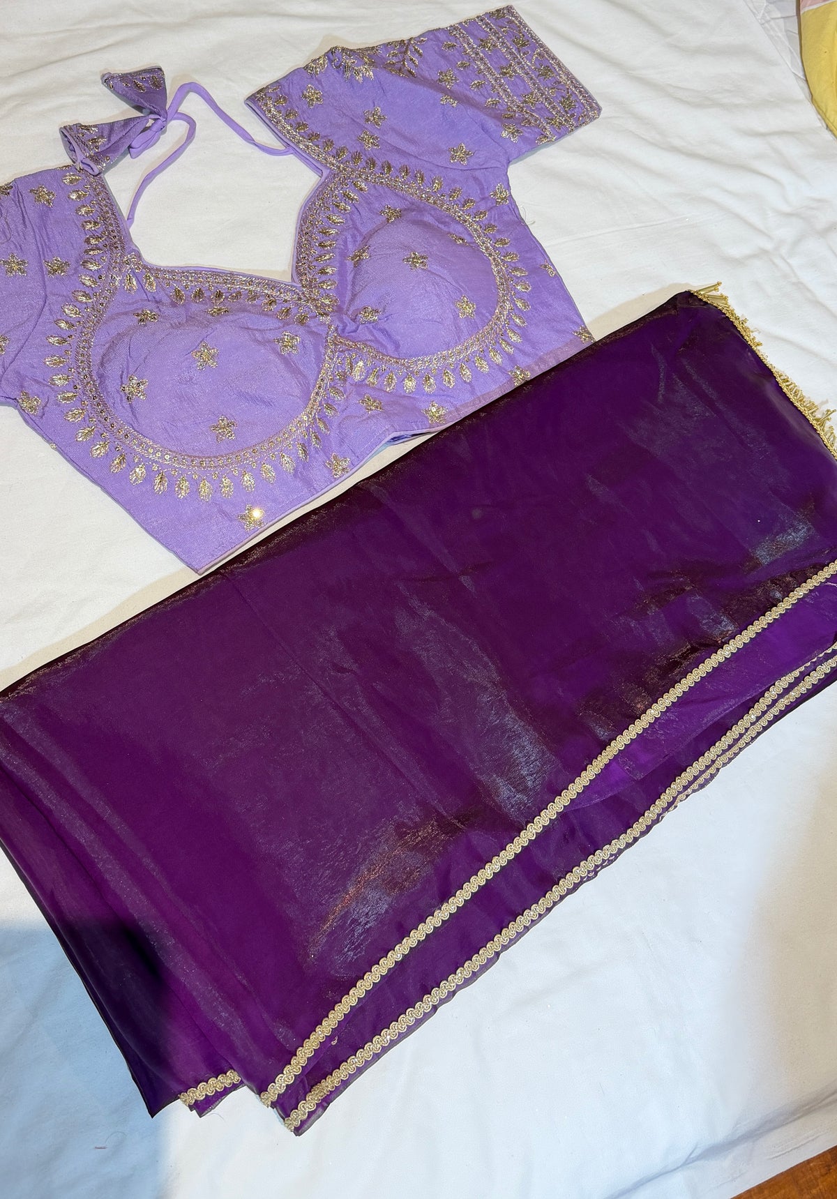 Deep Purple Shimmer Tissue Organza Saree with Heavy Embroidered Lilac Blouse Set
