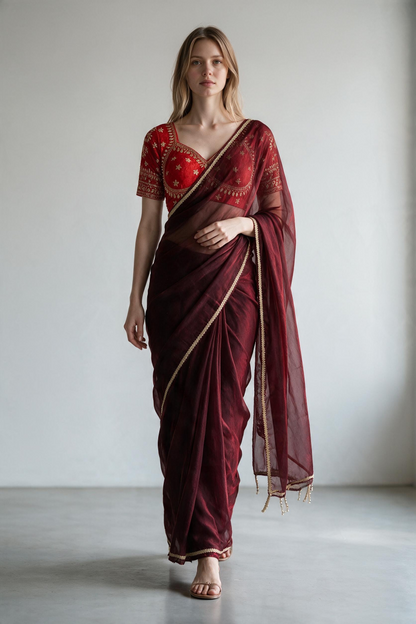 Maroon Shimmer Tissue Organza Saree with Heavy Embroidered Red Blouse Set