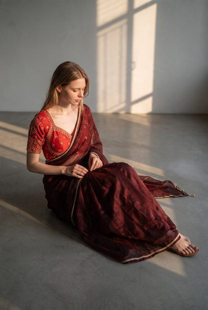 Maroon Shimmer Tissue Organza Saree with Heavy Embroidered Red Blouse Set