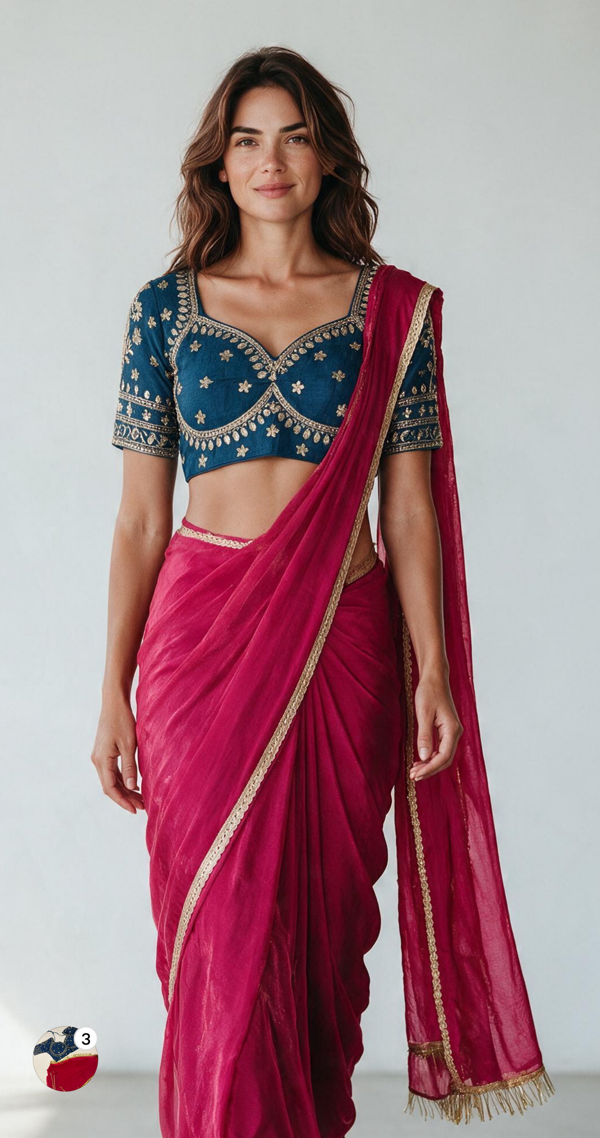 Crimson Pink Shimmer Tissue Organza Saree with Heavy Embroidered Teal Blue Blouse Set