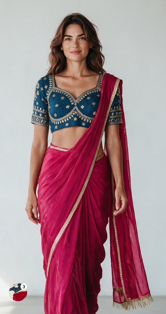 Crimson Pink Shimmer Tissue Organza Saree with Heavy Embroidered Teal Blue Blouse Set