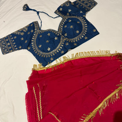 Crimson Pink Shimmer Tissue Organza Saree with Heavy Embroidered Teal Blue Blouse Set